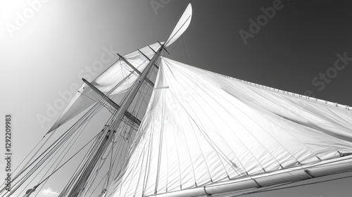 Majestic sailboat in motion against clear sky captured in black and white photo