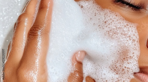 Woman cleansing face with gentle soap, creating foamy lather, emphasizing skincare routine for clear, glowing complexion and healthy skin