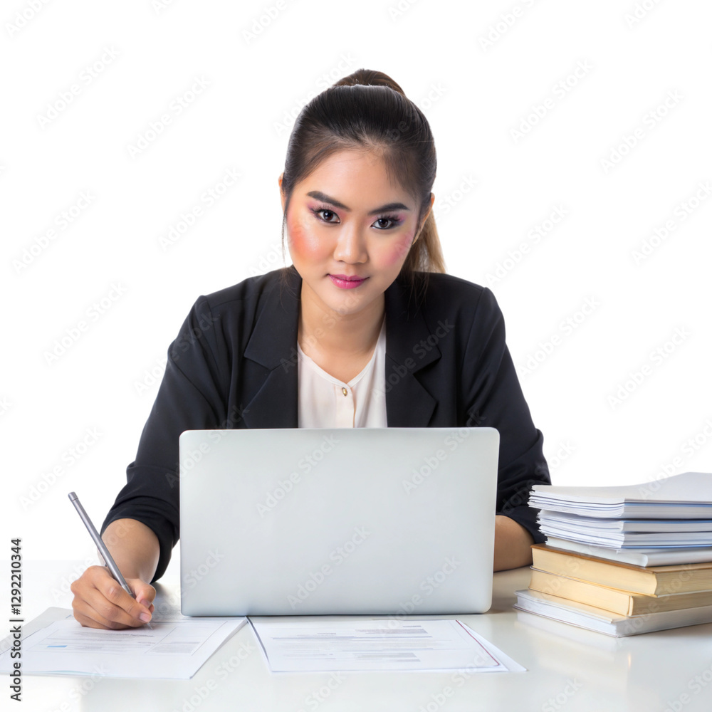 Young female entrepreneur sketching business ideas at office desk creative workspace inspiration, isolated on white or transparent background Young female entrepreneur sketching business ideas at office desk creative workspace inspiration, isolated on white or transparent background
