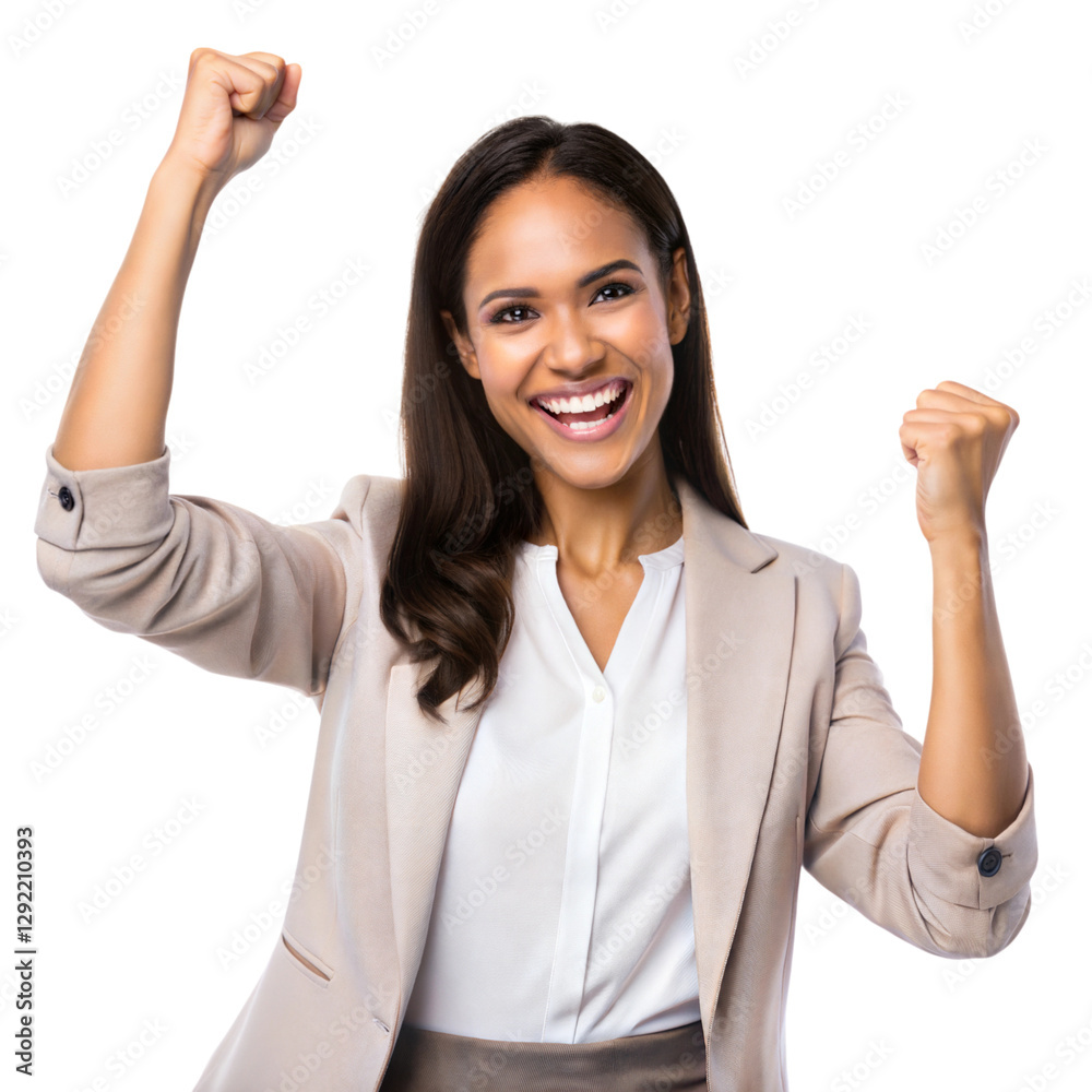 Young female entrepreneur celebrating success in business office environment empowering achievement, isolated on white or transparent background Young female entrepreneur celebrating success in business office environment empowering achievement, isolated on white or transparent background