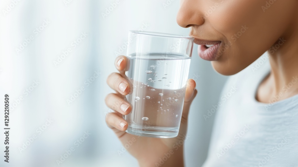 Close up of african american woman drinking pure water, holding transparent glass, embodying healthy hydration and wellness in modern interior setting Close up of african american woman drinking pure water, holding transparent glass, embodying healthy hydration and wellness in modern interior setting