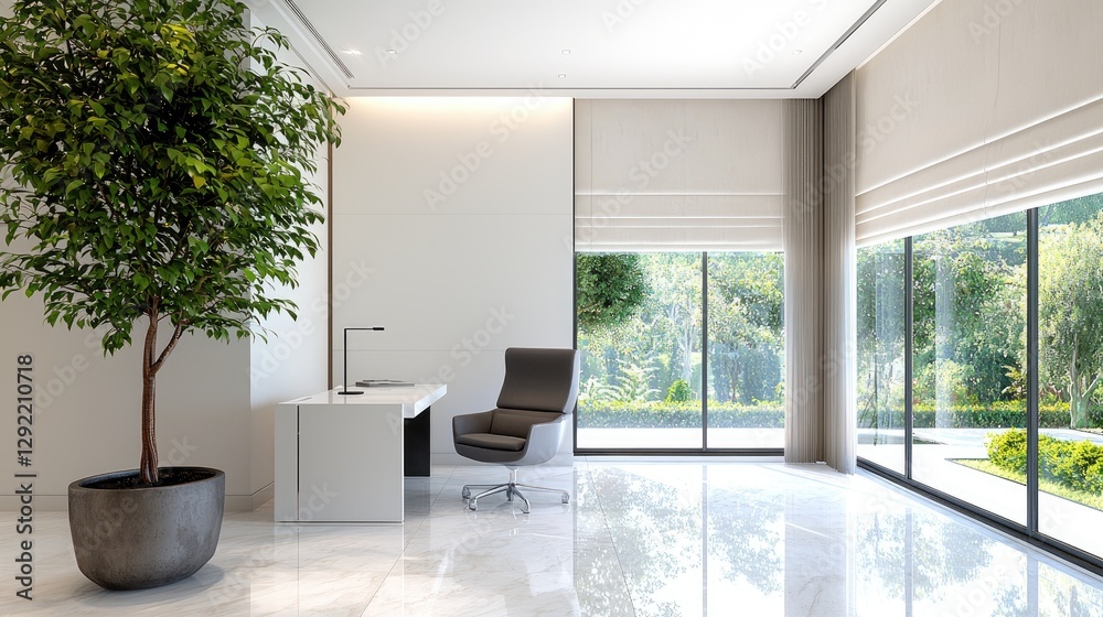 Fototapeta premium Modern home office with large windows, garden view