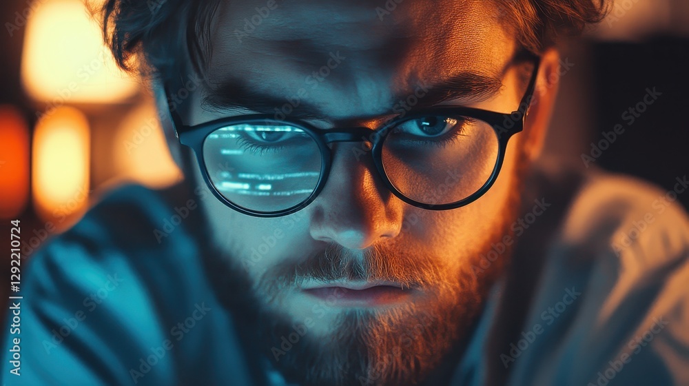 Intense focused male with glasses in moody lighting Intense focused male with glasses in moody lighting