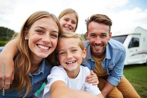 Happy Family of Four Enjoying a Summer Outing in a Scenic Campsite with Smiling Faces, Emphasizing Togetherness and Outdoor Adventures