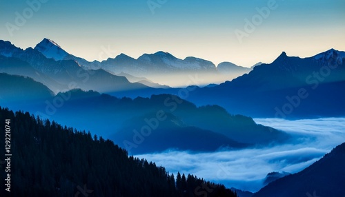 blue moutains silhouette with fog in the valley beautiful fresh and bright morning in the alps