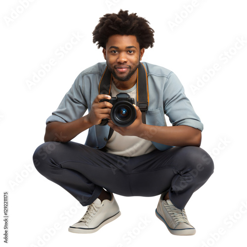 Young male photographer captures moments in urban setting professional photography skills, isolated on white or transparent background