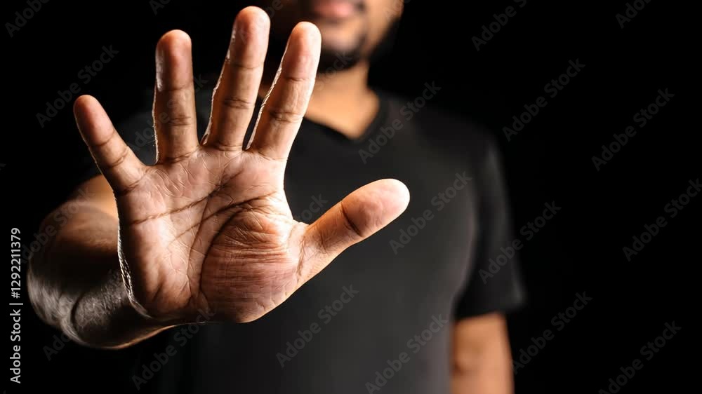 A man displays a sign with an open palm, showcasing all five fingers against a striking black background. This gesture signifies openness, honesty, and communication, enhancing visual impact. A man displays a sign with an open palm, showcasing all five fingers against a striking black background. This gesture signifies openness, honesty, and communication, enhancing visual impact.