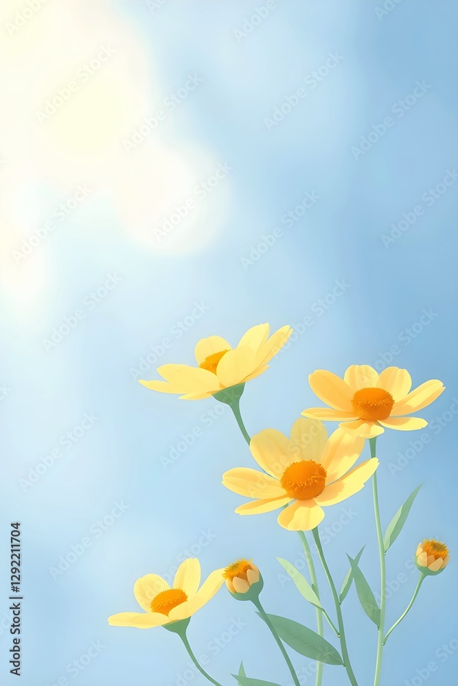 Fototapeta premium Yellow flowers on blue sky background, illustration.
