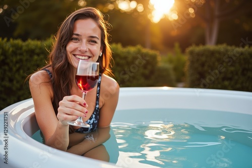 A Joyful Young Woman in a Swimsuit Enjoys a Glass of Red Wine in a Hot Tub Surrounded by Lush Greenery at Sunset photo