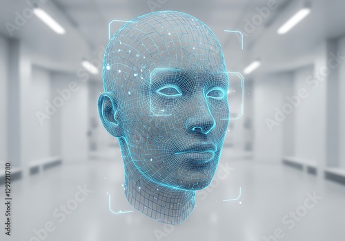 3d Model of Human Head with Face Scan Technology in Room