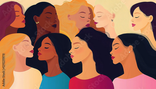 A diverse mixed-race group of women embrace herself .International Women day concept.flat vector illustration 
