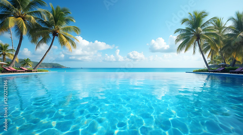 Swimming pool with clear blue water with stunning sea view and sky. Tropical seascape with palms. Summer resort hotel vacation background. 