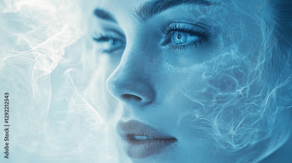 Fototapeta premium Close-up portrait of caucasian female with smoky blue aesthetic