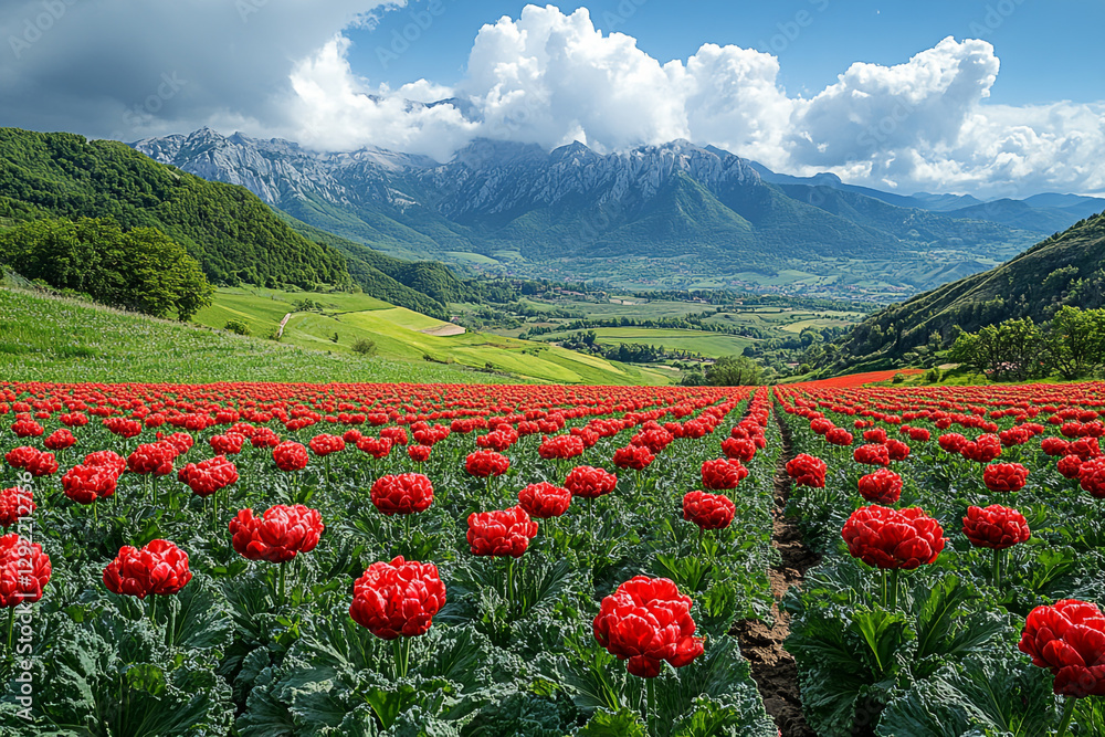 Vivid crimson floral expanse against a majestic mountain backdrop Vivid crimson floral expanse against a majestic mountain backdrop