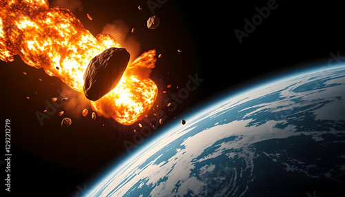 From space, a massive asteroid crashes into Earth, triggering a fiery explosion, shockwaves, and cosmic debris, creating a breathtakingly intense and catastrophic celestial spectacle