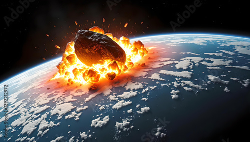 From space, a massive asteroid crashes into Earth, triggering a fiery explosion, shockwaves, and cosmic debris, creating a breathtakingly intense and catastrophic celestial spectacle