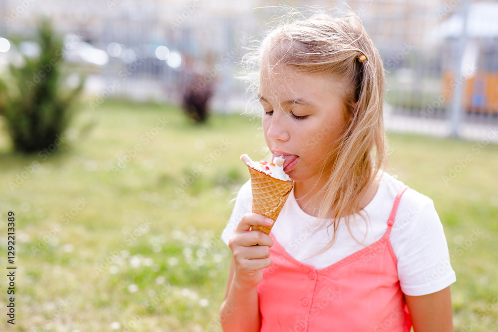 A girl in a pink tunic is sitting on a summer lawn and eating delicious ice cream A girl in a pink tunic is sitting on a summer lawn and eating delicious ice cream