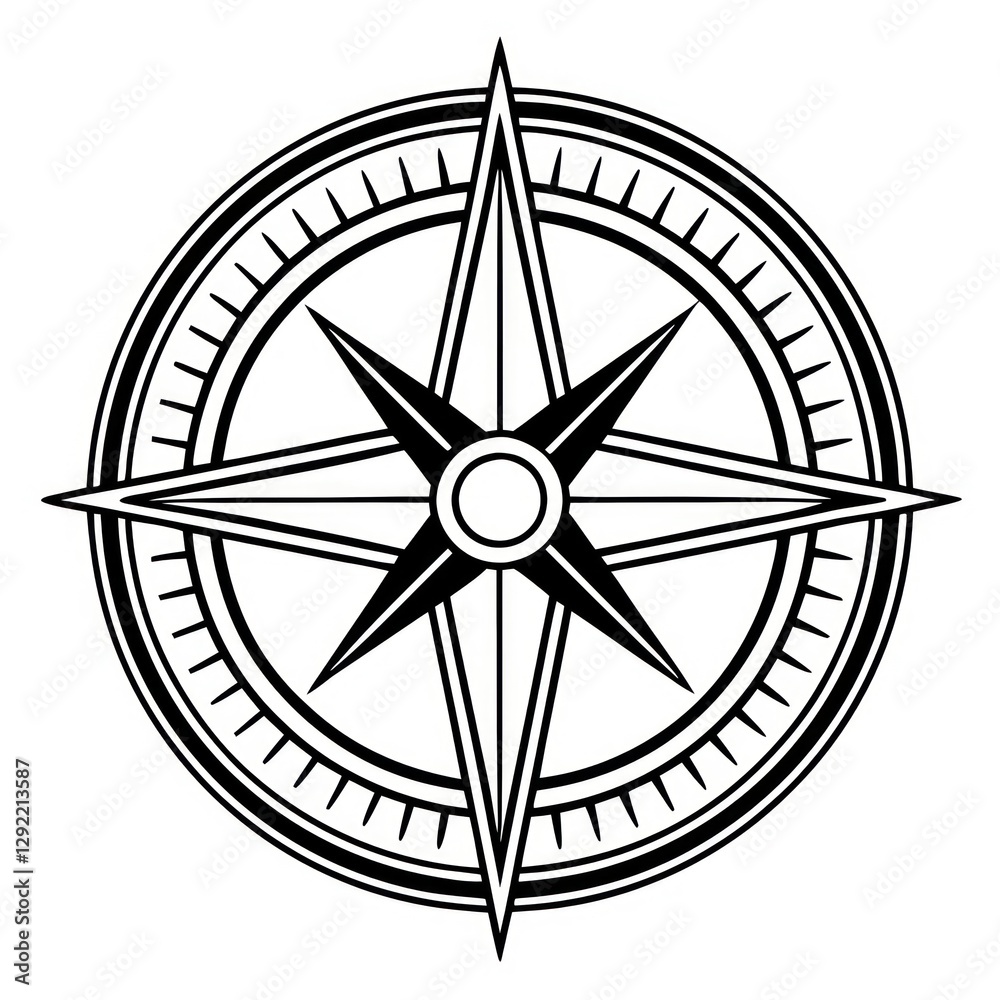 a black and white compass rose design, a navigational symbol representing direction a black and white compass rose design, a navigational symbol representing direction