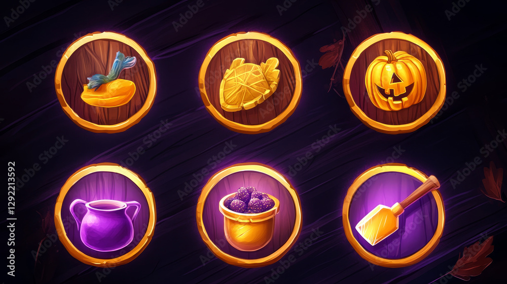 Farm themed game icons set on dark wooden circle boards with purple glow. Ranch elements of golden coin, shovel and pickaxe, ripe pumpkin and pot. Agricultural mobile gaming interface buttons. Farm themed game icons set on dark wooden circle boards with purple glow. Ranch elements of golden coin, shovel and pickaxe, ripe pumpkin and pot. Agricultural mobile gaming interface buttons.