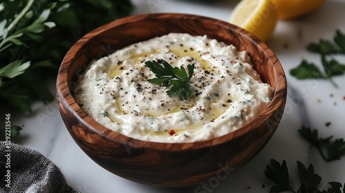 Creamy dip in olive wood bowl on marble, fresh herbs and lemon visible photo