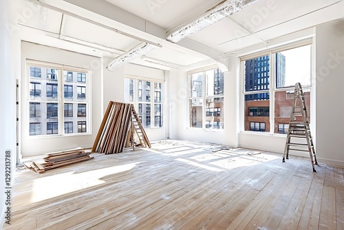 Empty room undergoing renovation with construction materials and ladders