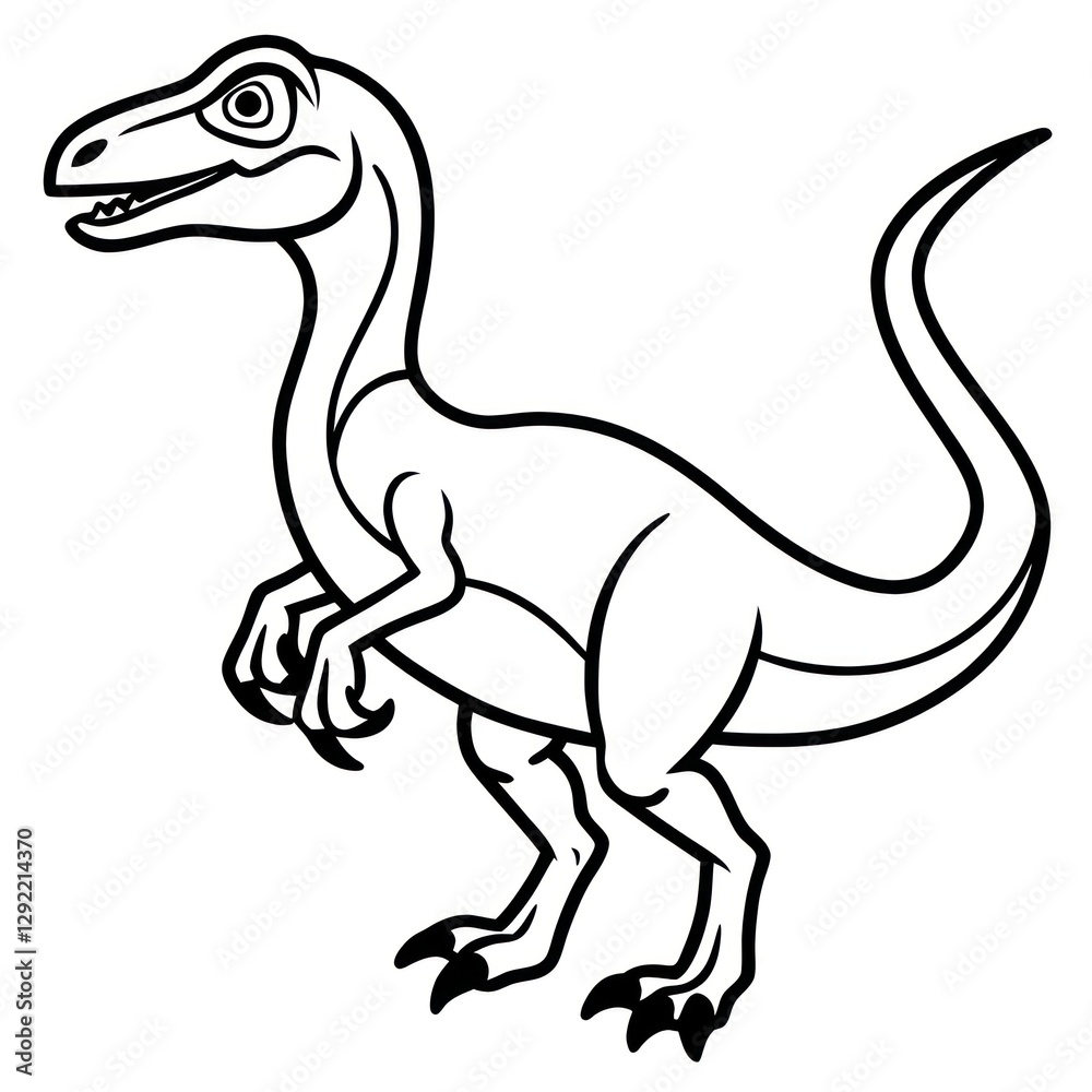 a black and white illustration of a raptor dinosaur. The dinosaur has a long neck, sharp claws, and a detailed eye. The background is empty a black and white illustration of a raptor dinosaur. The dinosaur has a long neck, sharp claws, and a detailed eye. The background is empty
