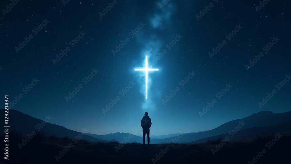 Fototapeta premium Lone Figure Under a Starry Night Sky with a Radiant Cross Constellation 