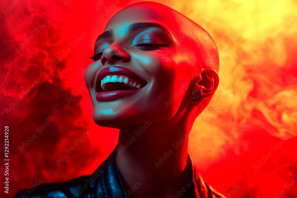 Fototapeta premium Gorgeous smiling mixed-race girl - for ads, poster and social networks use. Commercial marketing concept visual drawing. Short haircut - bald head - no hair. Black woman photography.