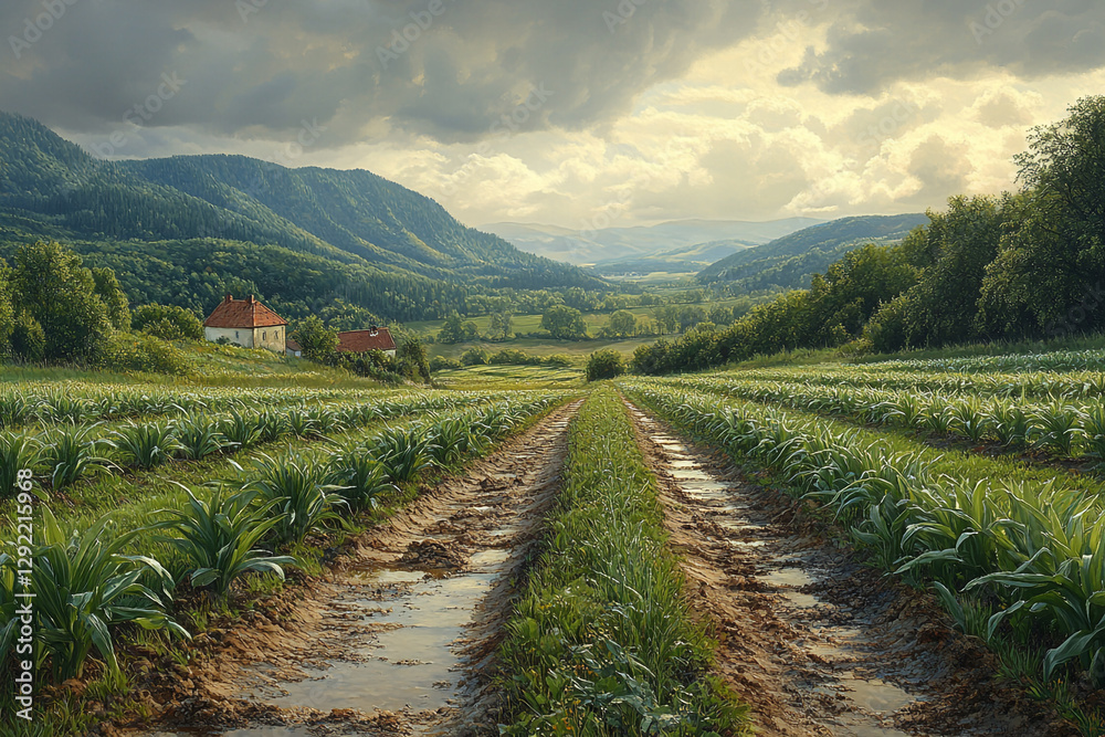Naklejka premium Tranquil Valley Farm, A Rural Landscape with Lush Greenery