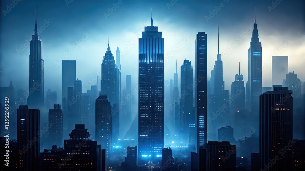 Obraz premium an epic cityscape of skyscrapers under a moody, atmospheric sky. The tall buildings reach up, their silhouettes and the misty atmosphere create a dramatic scene