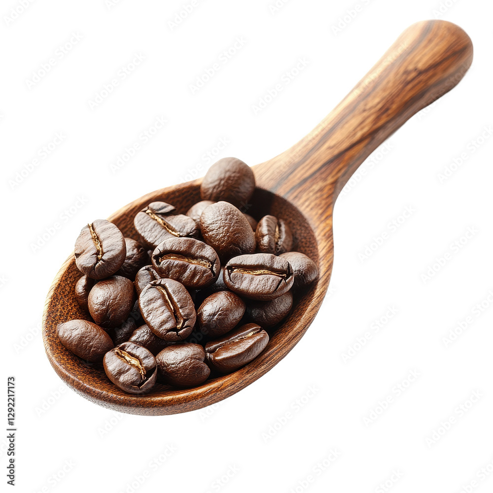 Fototapeta premium Roasted coffee beans nestled in a wooden spoon against a Transparent background, roasted coffee beans in wood spoon isolated on PNG background