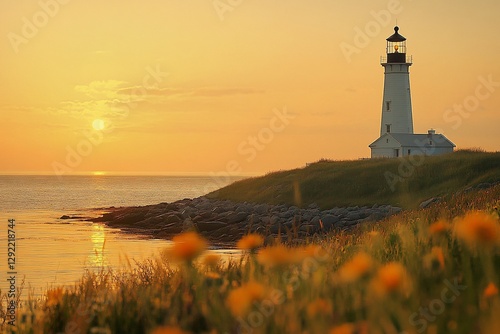 Lighthouse atop grass hill at sunset, near sea with flowers in foreground