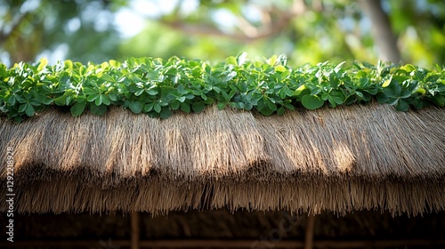 Lush green plants on thatched roof, tropical background, nature design