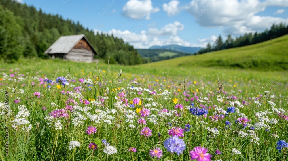 Mountain Meadow with wildflowers and cabin Mountain Meadow with wildflowers and cabin