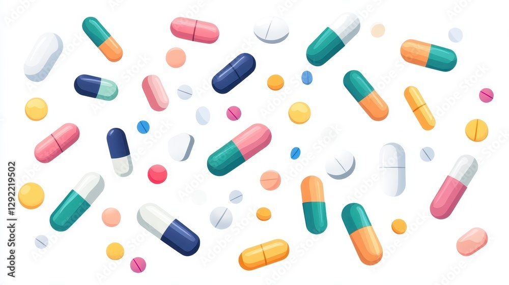 Pharmaceutical capsules and pills tumbling dynamically, displaying diverse colors and forms against pristine white surface representing medical treatment concept Pharmaceutical capsules and pills tumbling dynamically, displaying diverse colors and forms against pristine white surface representing medical treatment concept
