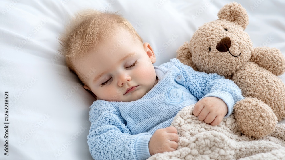 Baby sleeping peacefully with teddy bear in crib Baby sleeping peacefully with teddy bear in crib
