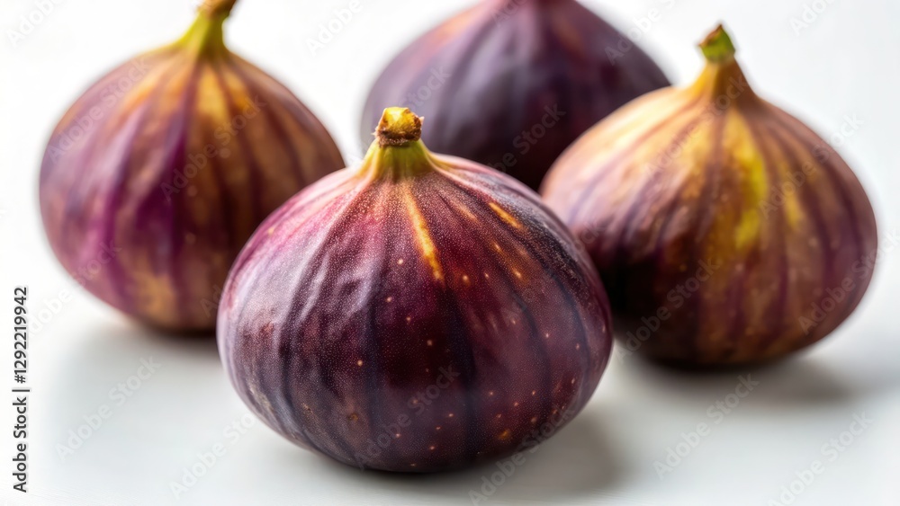 Obraz premium four ripe purple figs, one of them in focus, are arranged in a row, ready for consumption. The natural light, captured in a studio setting.