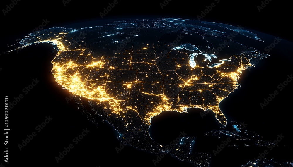 Obraz premium Nightlights, USA map, city glow, space view