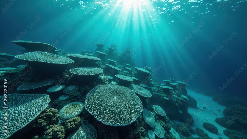 Naklejka premium Sunlit coral reef underwater showing bleaching and climate change impact 