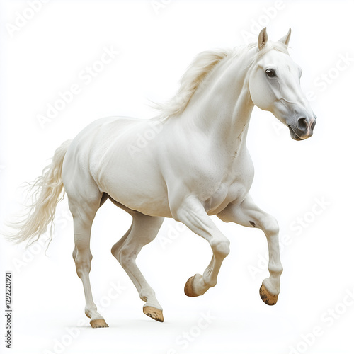 A majestic white horse galloping gracefully, isolated on a clean white background, showcasing its beauty and strength.