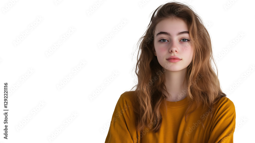 Studio portrait featuring young woman with long wavy brown hair, yellow sweater, standing against transparent background Studio portrait featuring young woman with long wavy brown hair, yellow sweater, standing against transparent background
