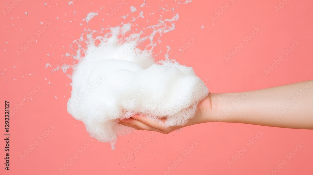 Hand with Soap Suds Splashing Against Pink Background Hand with Soap Suds Splashing Against Pink Background