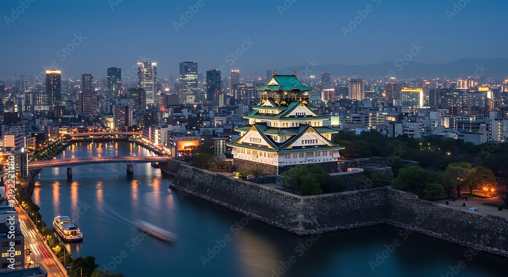 Historic Castle in Urban Setting at Twilight with Reflective River Historic Castle in Urban Setting at Twilight with Reflective River