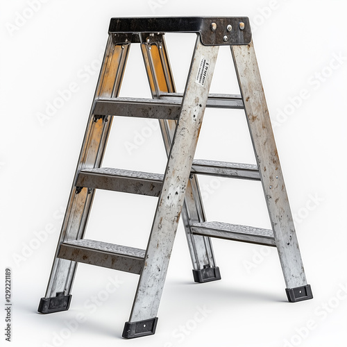 A sturdy metal ladder with a worn, industrial look isolated on a clean white background.