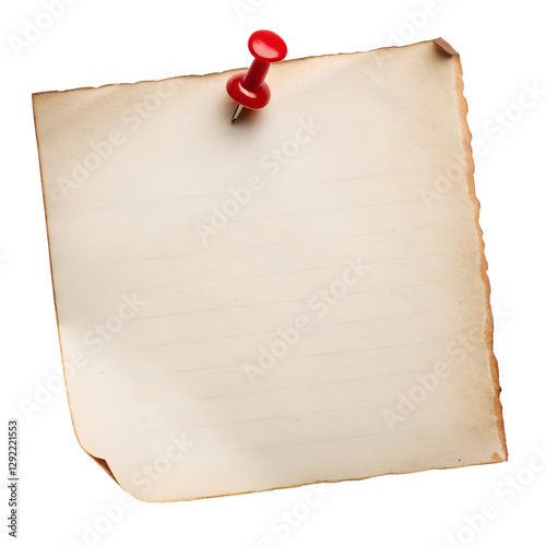  Vintage Blank Paper Note with Red Pushpin on Transparent Background
