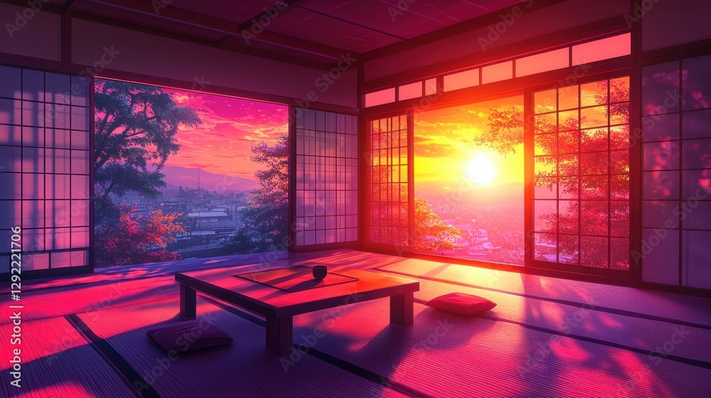 Fototapeta premium Serene sunset view from traditional japanese room with tatami mats