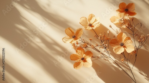 Sunlit floral arrangement with dried orange flowers on textured background