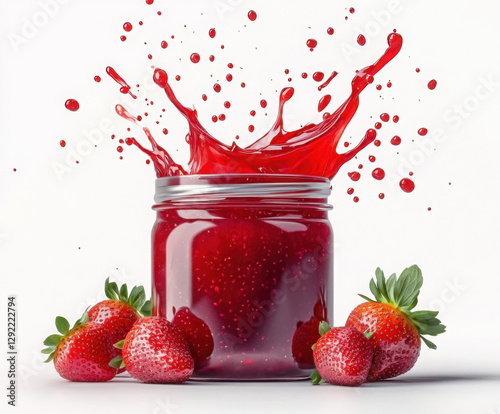 a jar of strawberry jam with strawberrie jam splashing out of the jar with a white background 
 photo