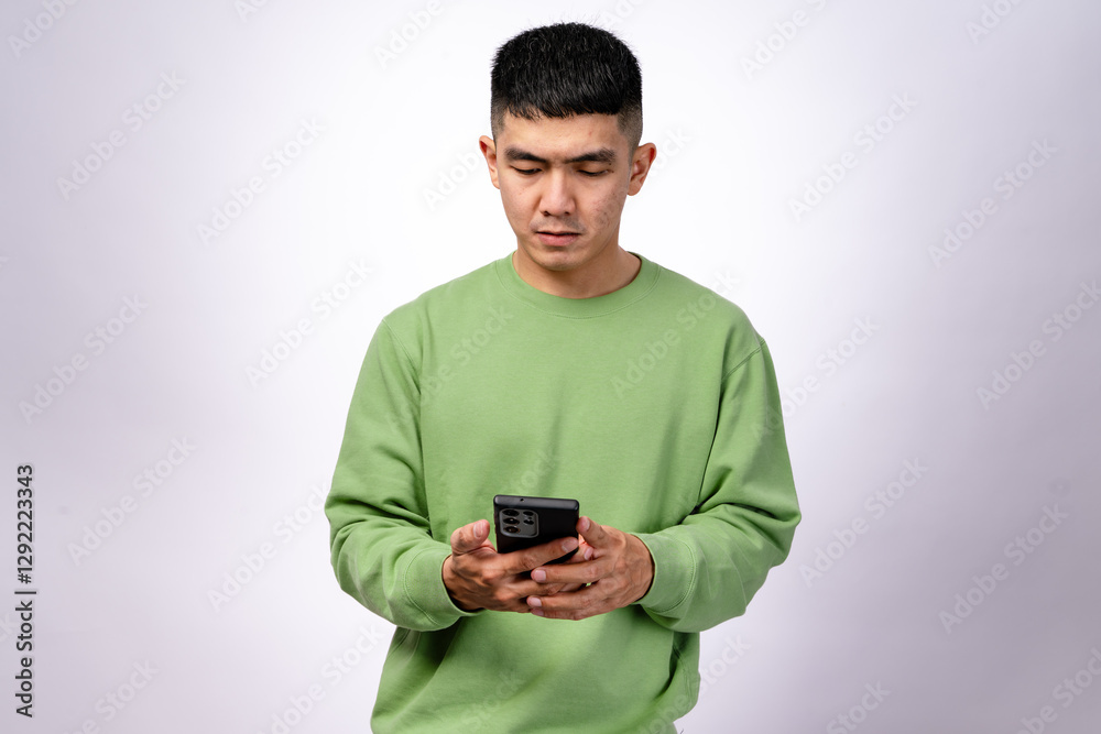 An Asian man in a green sweatshirt is focused on his smartphone, holding it with both hands while looking at the screen. His expression is neutral. The background is white An Asian man in a green sweatshirt is focused on his smartphone, holding it with both hands while looking at the screen. His expression is neutral. The background is white