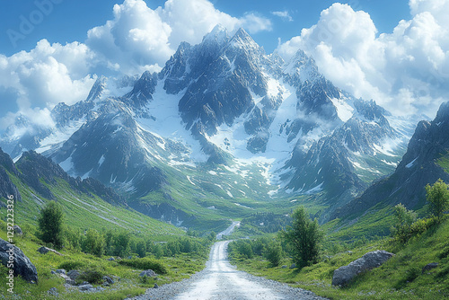 Verdant valley pathway leading to the majestic, snow-capped mountains
